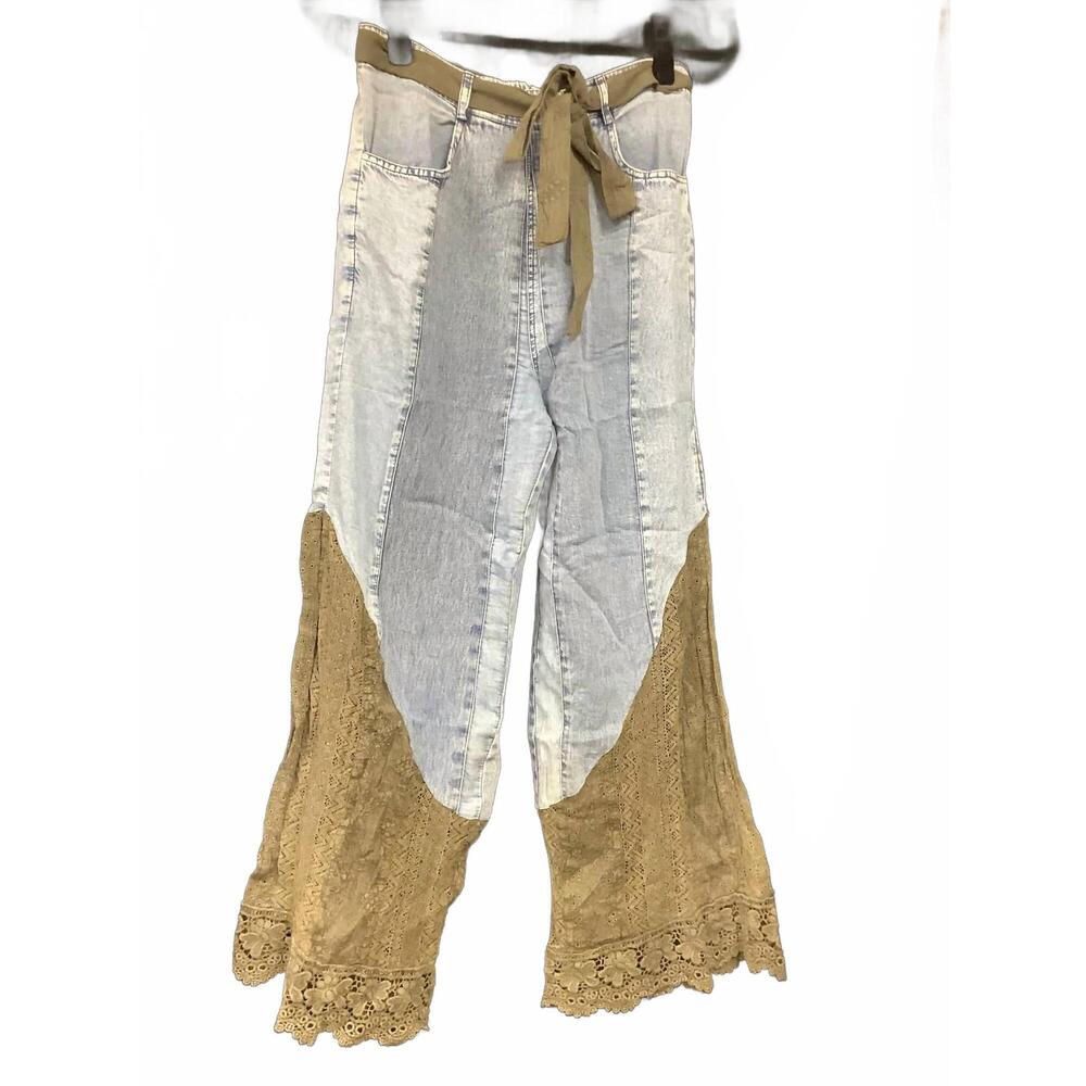 NEW YOUNG THREADS women's wild west rhapsody denim lace flare pants in blue